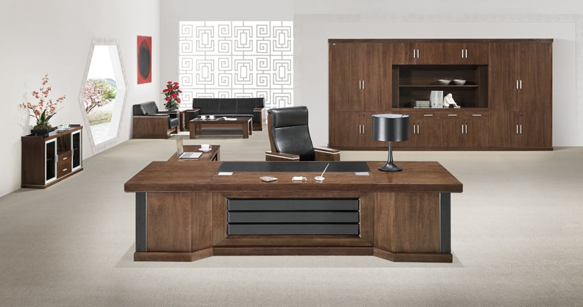 Grand Executive Office Desk with Black Leather Modesty Panel - With Pedestal and Side Return - 2800mm / 3000mm / 3200mm / 3400mm / 3600mm - K5B321